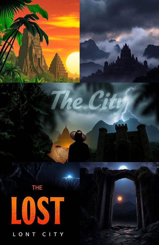 Three distinct book covers for an adventure and mystery novel titled "The Lost City"