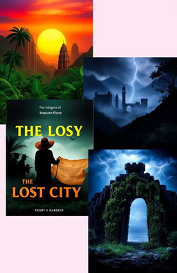 Three distinct book covers for an adventure and mystery novel titled "The Lost City"