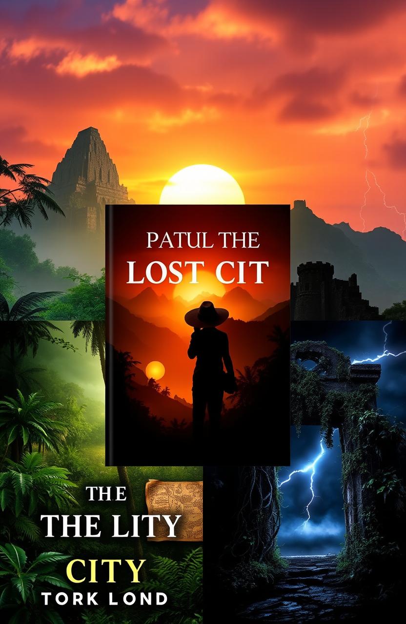 Three distinct book covers for an adventure and mystery novel titled "The Lost City"