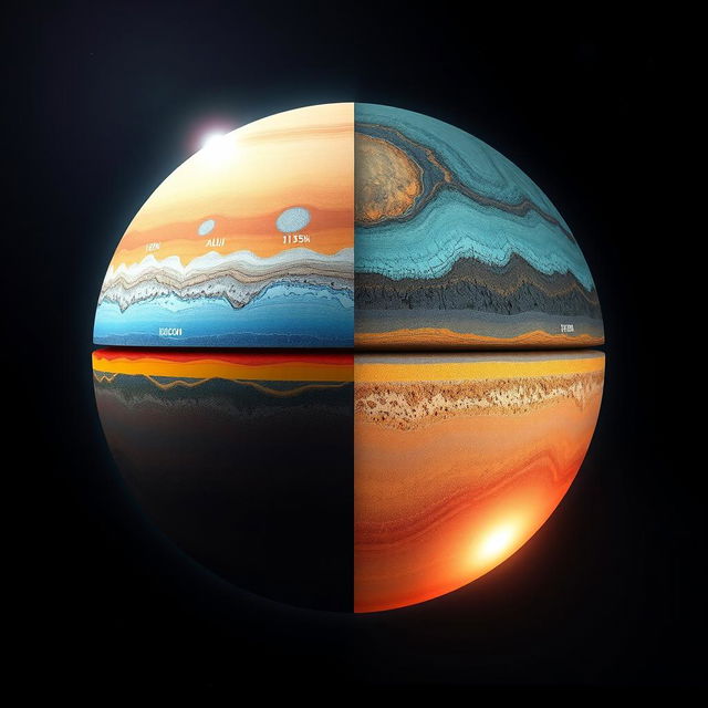 A visually captivating and scientifically accurate representation of a planet's lithosphere composed of the following elements: Iron (Fe) - 45%, Aluminum (Al) - 15%, Silicon (Si) - 25%, Carbon (C) - 15%