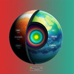 A visually captivating and scientifically accurate representation of a planet's lithosphere composed of the following elements: Iron (Fe) - 45%, Aluminum (Al) - 15%, Silicon (Si) - 25%, Carbon (C) - 15%