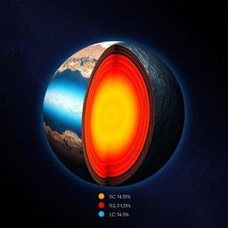 A visually captivating and scientifically accurate representation of a planet's lithosphere composed of the following elements: Iron (Fe) - 45%, Aluminum (Al) - 15%, Silicon (Si) - 25%, Carbon (C) - 15%