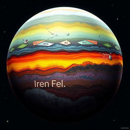 A visually captivating and scientifically accurate representation of a planet's lithosphere composed of the following elements: Iron (Fe) - 45%, Aluminum (Al) - 15%, Silicon (Si) - 25%, Carbon (C) - 15%