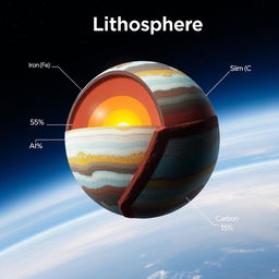 A visual representation of a planet's lithosphere, showcasing its layers with specific composition percentages: Iron (Fe) at 45%, Aluminum (Al) at 15%, Silicon (Si) at 25%, and Carbon (C) at 15%