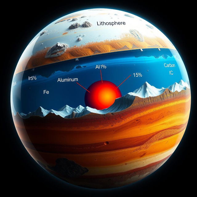 A visual representation of a planet's lithosphere, showcasing its layers with specific composition percentages: Iron (Fe) at 45%, Aluminum (Al) at 15%, Silicon (Si) at 25%, and Carbon (C) at 15%