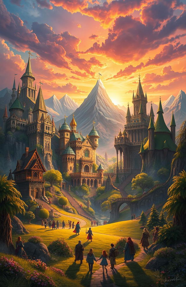 A vibrant and enchanting scene depicting various kingdoms from a fantasy world, showcasing diverse architecture representative of different cultures: a majestic elven kingdom with tall, ethereal trees and luminous structures; a sturdy dwarven kingdom built into a mountain with stone halls and intricate carvings; a sprawling human kingdom with grand castles, bustling markets, and floral gardens; a mysterious dark kingdom shrouded in mist with ominous towers and twisted trees