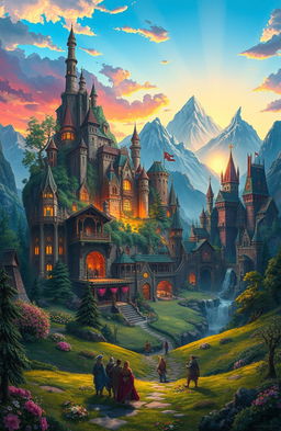A vibrant and enchanting scene depicting various kingdoms from a fantasy world, showcasing diverse architecture representative of different cultures: a majestic elven kingdom with tall, ethereal trees and luminous structures; a sturdy dwarven kingdom built into a mountain with stone halls and intricate carvings; a sprawling human kingdom with grand castles, bustling markets, and floral gardens; a mysterious dark kingdom shrouded in mist with ominous towers and twisted trees