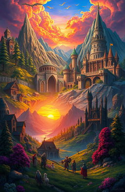 A vibrant and enchanting scene depicting various kingdoms from a fantasy world, showcasing diverse architecture representative of different cultures: a majestic elven kingdom with tall, ethereal trees and luminous structures; a sturdy dwarven kingdom built into a mountain with stone halls and intricate carvings; a sprawling human kingdom with grand castles, bustling markets, and floral gardens; a mysterious dark kingdom shrouded in mist with ominous towers and twisted trees