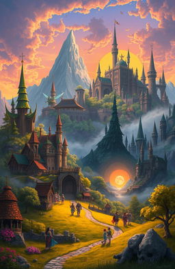 A vibrant and enchanting scene depicting various kingdoms from a fantasy world, showcasing diverse architecture representative of different cultures: a majestic elven kingdom with tall, ethereal trees and luminous structures; a sturdy dwarven kingdom built into a mountain with stone halls and intricate carvings; a sprawling human kingdom with grand castles, bustling markets, and floral gardens; a mysterious dark kingdom shrouded in mist with ominous towers and twisted trees