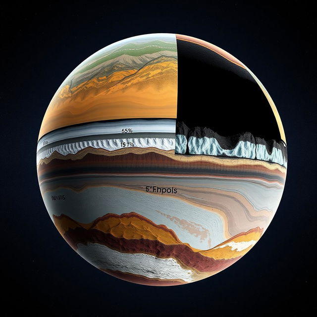 A visual representation of a hypothetical planet's lithosphere, showcasing the structure based on the following composition: Iron (Fe) at 45%, Aluminum (Al) at 15%, Silicon (Si) at 25%, and Carbon (C) at 15%