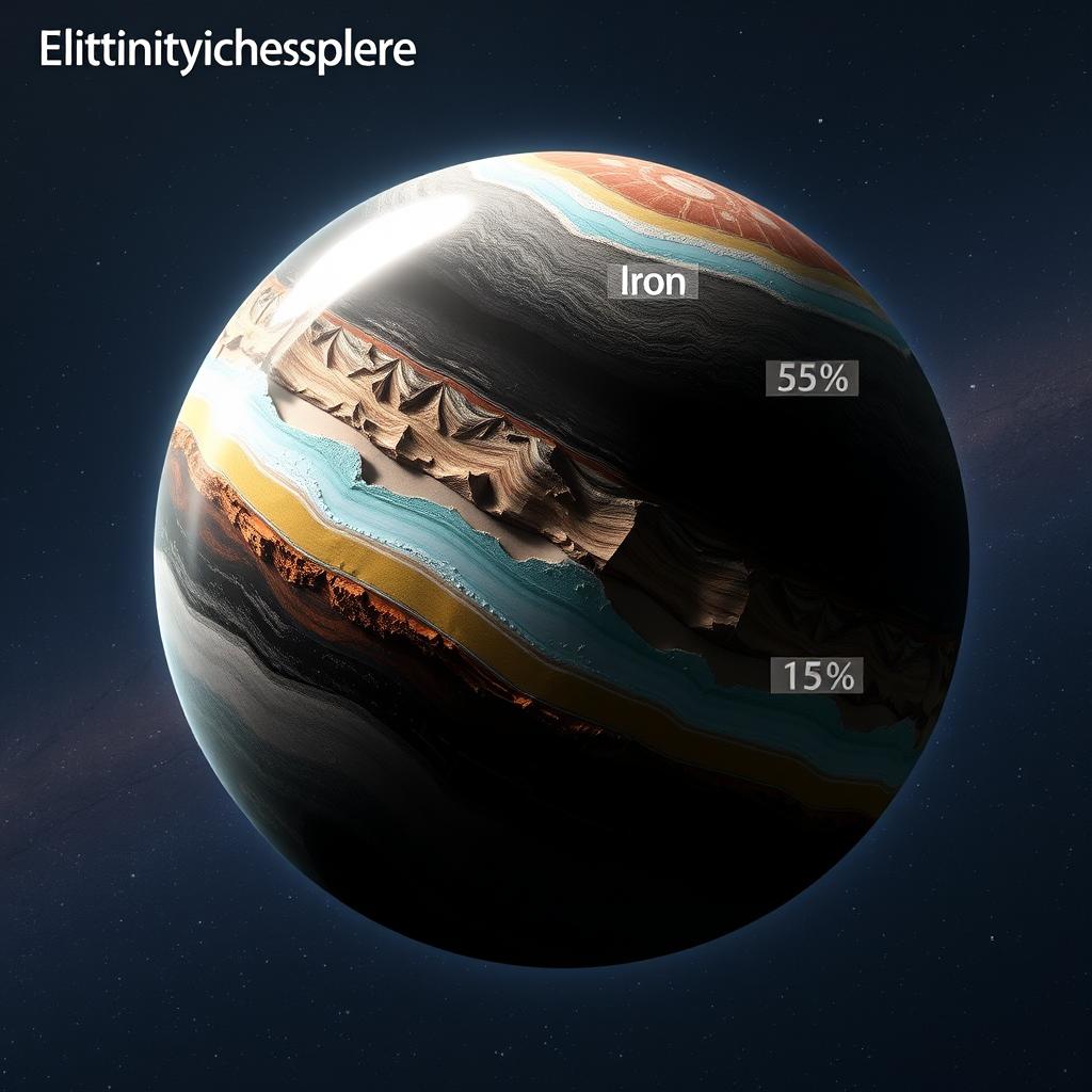 A visual representation of a hypothetical planet's lithosphere, showcasing the structure based on the following composition: Iron (Fe) at 45%, Aluminum (Al) at 15%, Silicon (Si) at 25%, and Carbon (C) at 15%