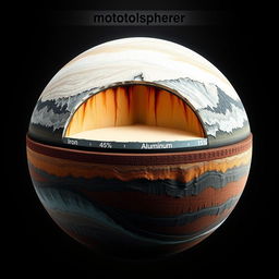 A visual representation of a hypothetical planet's lithosphere, showcasing the structure based on the following composition: Iron (Fe) at 45%, Aluminum (Al) at 15%, Silicon (Si) at 25%, and Carbon (C) at 15%