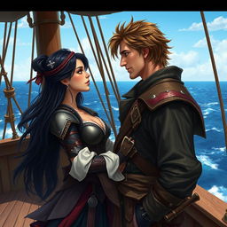 A realistic art depiction of a fantasy character couple gazing into each other's eyes aboard a pirate ship