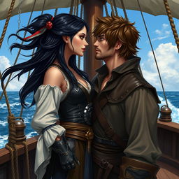 A realistic art depiction of a fantasy character couple gazing into each other's eyes aboard a pirate ship