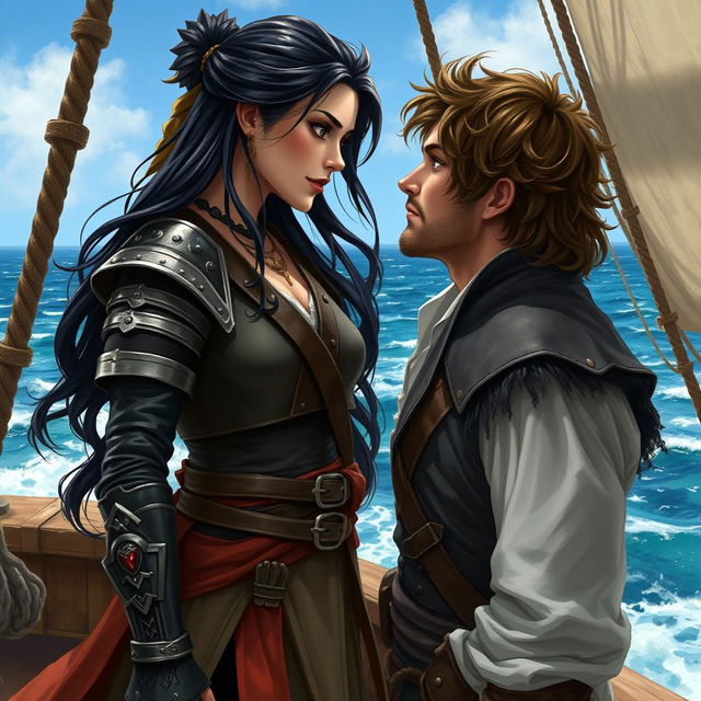 A realistic art depiction of a fantasy character couple gazing into each other's eyes aboard a pirate ship