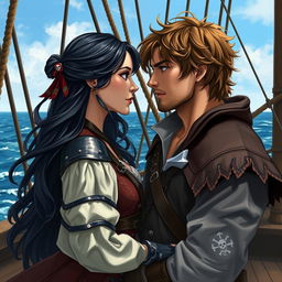 A realistic art depiction of a fantasy character couple gazing into each other's eyes aboard a pirate ship