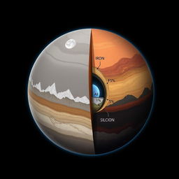 A detailed geological representation of a planet's lithosphere, showcasing a cross-section view of its layers
