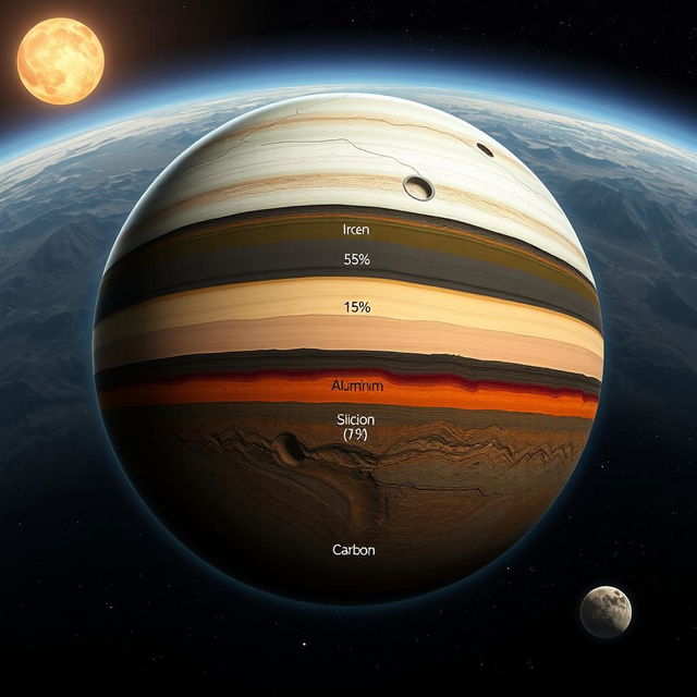 A detailed geological representation of a planet's lithosphere, showcasing a cross-section view of its layers