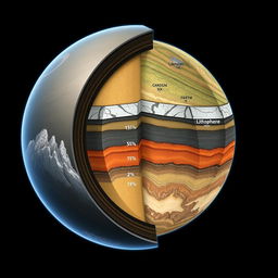 A detailed geological representation of a planet's lithosphere, showcasing a cross-section view of its layers