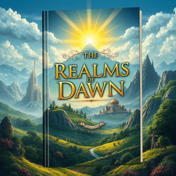 Book cover design for a fantasy novel titled 'The Realms of Dawn', featuring a captivating landscape that represents various kingdoms