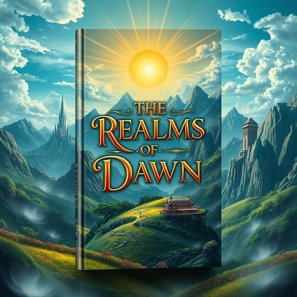 Book cover design for a fantasy novel titled 'The Realms of Dawn', featuring a captivating landscape that represents various kingdoms