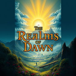 Book cover design for a fantasy novel titled 'The Realms of Dawn', featuring a captivating landscape that represents various kingdoms