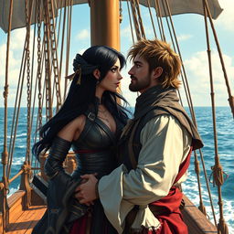 A realistic art piece capturing a fantasy character couple gazing deeply into each other's eyes aboard a majestic pirate ship