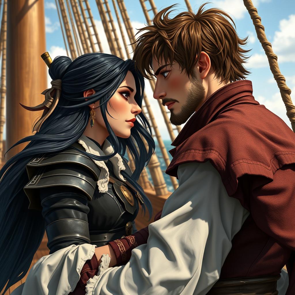 A realistic art piece capturing a fantasy character couple gazing deeply into each other's eyes aboard a majestic pirate ship