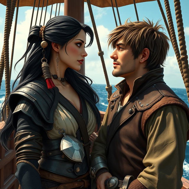 A realistic art piece capturing a fantasy character couple gazing deeply into each other's eyes aboard a majestic pirate ship