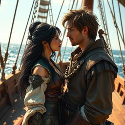A realistic art piece capturing a fantasy character couple gazing deeply into each other's eyes aboard a majestic pirate ship