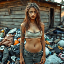 An 18-year-old homeless girl from Brazil, standing amidst a pile of garbage