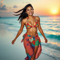 An Indonesian woman confidently walking along a beautiful beach, wearing vibrant and stylish beachwear that accentuates her figure