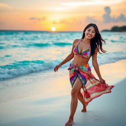 An Indonesian woman confidently walking along a beautiful beach, wearing vibrant and stylish beachwear that accentuates her figure