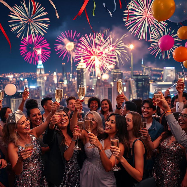 A festive New Year's Eve celebration scene featuring a vibrant cityscape illuminated with colorful fireworks bursting in the night sky