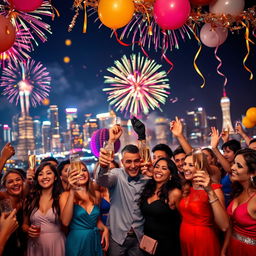 A festive New Year's Eve celebration scene featuring a vibrant cityscape illuminated with colorful fireworks bursting in the night sky