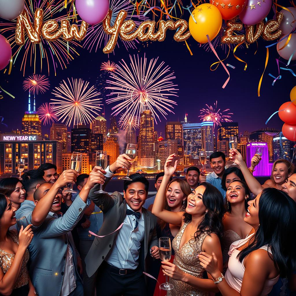 A festive New Year's Eve celebration scene featuring a vibrant cityscape illuminated with colorful fireworks bursting in the night sky