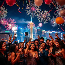 A festive New Year's Eve celebration scene featuring a vibrant cityscape illuminated with colorful fireworks bursting in the night sky