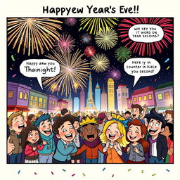A comic-style illustration celebrating New Year's Eve, featuring a lively scene with a diverse group of cartoon characters of various ages and backgrounds