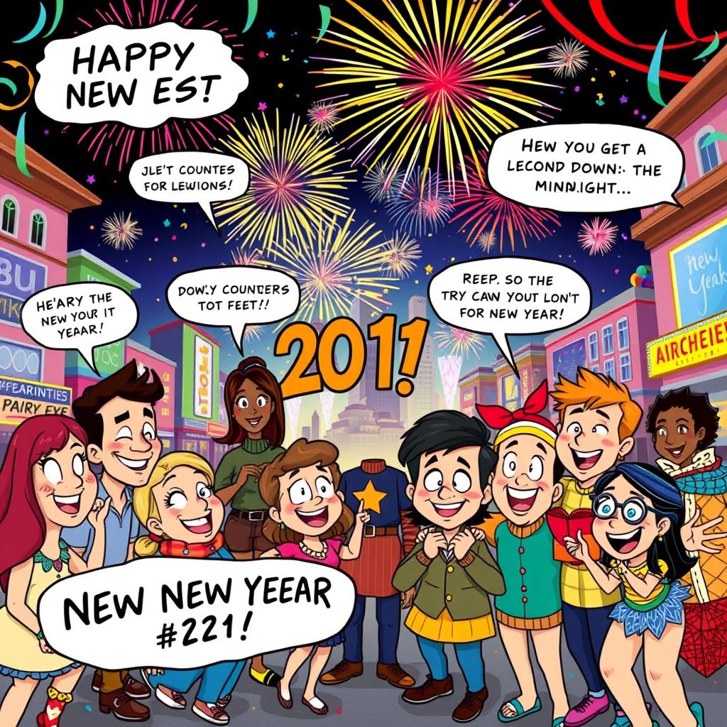 A comic-style illustration celebrating New Year's Eve, featuring a lively scene with a diverse group of cartoon characters of various ages and backgrounds