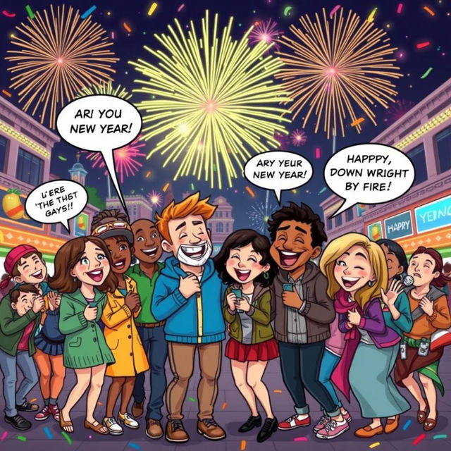 A comic-style illustration celebrating New Year's Eve, featuring a lively scene with a diverse group of cartoon characters of various ages and backgrounds