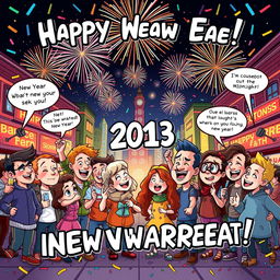 A comic-style illustration celebrating New Year's Eve, featuring a lively scene with a diverse group of cartoon characters of various ages and backgrounds