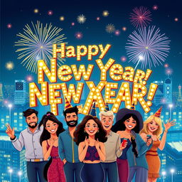 An eye-catching illustration poster celebrating New Year's Eve, featuring a vibrant design with bold typography stating 'Happy New Year!' in a sparkling, festive font