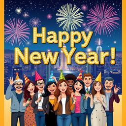 An eye-catching illustration poster celebrating New Year's Eve, featuring a vibrant design with bold typography stating 'Happy New Year!' in a sparkling, festive font