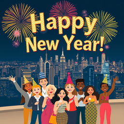 An eye-catching illustration poster celebrating New Year's Eve, featuring a vibrant design with bold typography stating 'Happy New Year!' in a sparkling, festive font