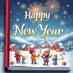 An enchanting book cover illustration for a New Year's theme, featuring a whimsical winter landscape with a picturesque snowy village under a starry sky