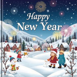 An enchanting book cover illustration for a New Year's theme, featuring a whimsical winter landscape with a picturesque snowy village under a starry sky
