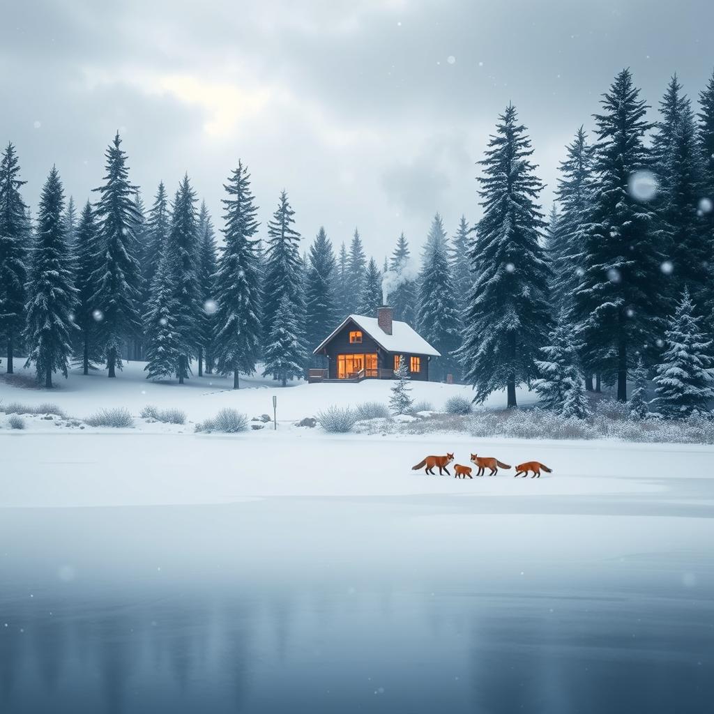 A serene winter landscape showcasing a peaceful snowy scene