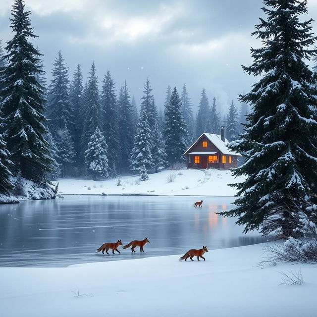 A serene winter landscape showcasing a peaceful snowy scene