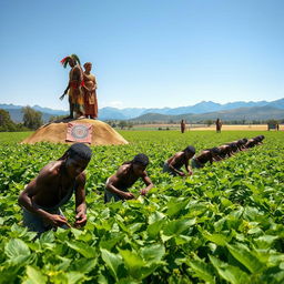 A historical scene depicting Aztec slaves working diligently in vast agricultural fields, showcasing lush green crops under the bright sun