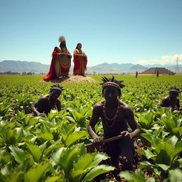 A historical scene depicting Aztec slaves working diligently in vast agricultural fields, showcasing lush green crops under the bright sun